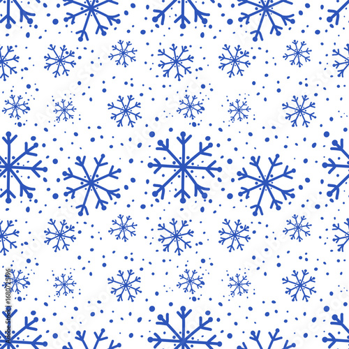Snowflake blue pattern. Light blue snowflakes on a white background winter Christmas beautiful cold small large snow patterns. New Year's weather snowfall  design gifts for children. Snowstorm.