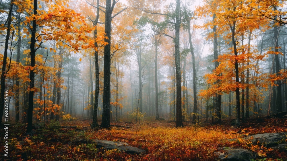 Fototapeta premium Autumn forest pathway with vibrant foliage. Neural network AI generated