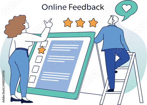 Customers giving online feedback with star ratings and speech bubble approval assessment