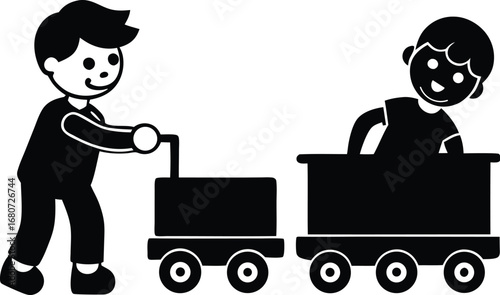 Joyful Boys Playfully Pushing Toy Train