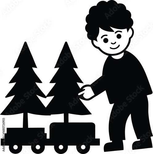 Cartoon boy with a festive toy train