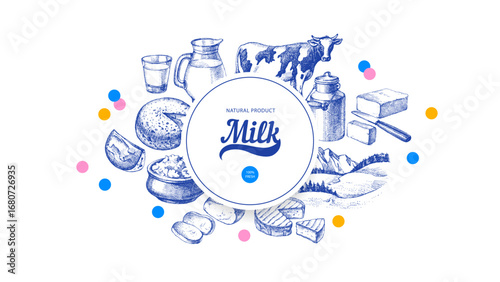Hand drawn vintage milk products frame. Dairy sketch vector vintage isolated illustration