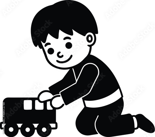 Boy playing with a toy train illustration
