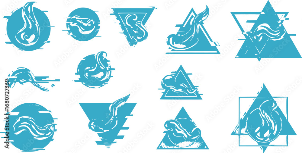 Fototapeta premium Retrofuturism shapes, circle glitch and liquid elements. Holographic illuminated in 80s-90s. Futuristic design vaporwave, synthwave. Trandy shapes for merch and T-shirt. Vector set glitch elements