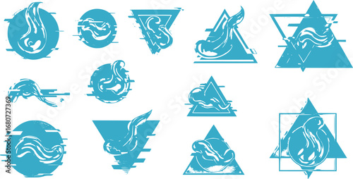 Retrofuturism shapes, circle glitch and liquid elements. Holographic illuminated in 80s-90s. Futuristic design vaporwave, synthwave. Trandy shapes for merch and T-shirt. Vector set glitch elements