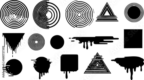 Retrofuturism shapes, circle glitch and liquid elements. Holographic illuminated in 80s-90s. Futuristic design vaporwave, synthwave. Trandy shapes for merch and T-shirt. Vector set glitch elements