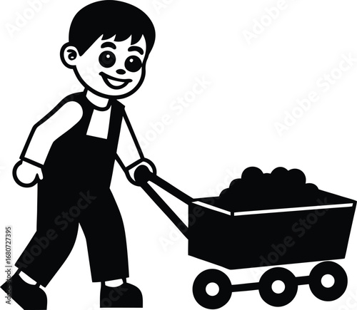 Smiling young boy pulling a loaded toy cart