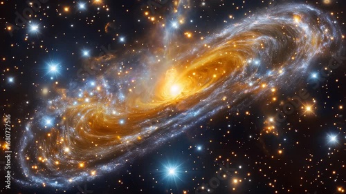 Witness the breathtaking beauty of a swirling galaxy illuminated by radiant stars, showcasing the intricate dance of cosmic elements across a limitless expanse.