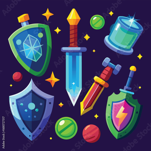 Fantasy Game Assets Swords, Shields, and Magical Items Vector Illustration