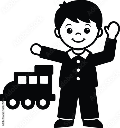 Happy Child Playing with a Traditional Toy Train