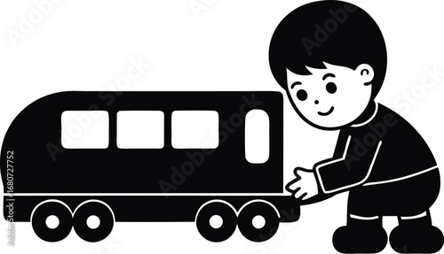 Cartoon boy playing with a large toy train