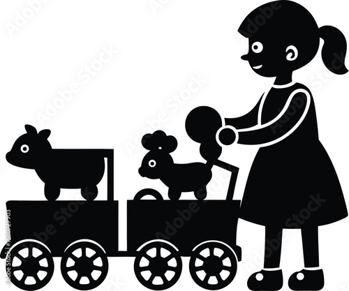 Girl playing with toy train and farm animals