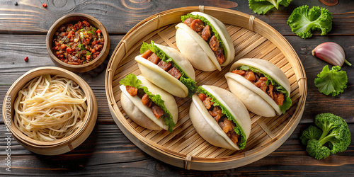 Wallpaper Mural A wooden platter showcases freshly steamed bao buns, filled with tender meat and crisp vegetables, paired with noodles in a bowl. The cozy setting enhances appetizing appeal Torontodigital.ca