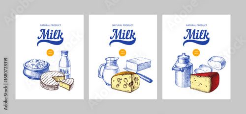 Hand drawn vintage milk products banner set. Dairy sketch vector vintage isolated illustration