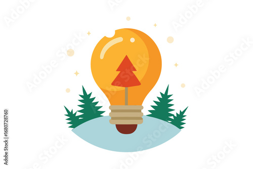 vector illustration of a vintage Electric Bulb glowing warmly on snow with pine branches and Christmas ornaments around