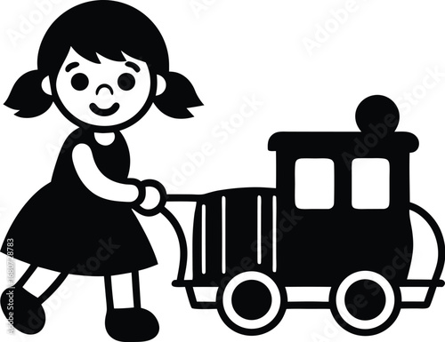 Cute Cartoon Girl Playing with Toy Train