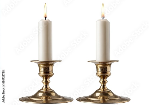 Two identical, gold-colored candle holders, each holding a white candle with a flickering flame