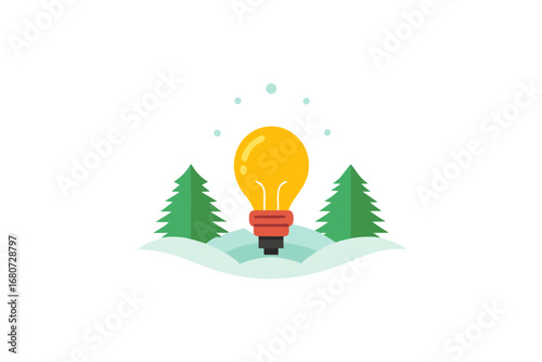 vector illustration of a vintage Electric Bulb glowing warmly on snow with pine branches and Christmas ornaments around