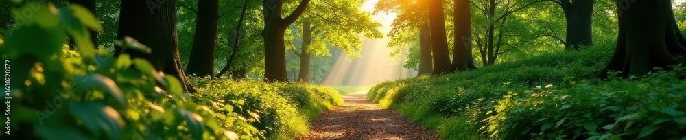 Obraz premium Sun-dappled path, crisp leaves, tranquil forest, peaceful, trail, natural beauty