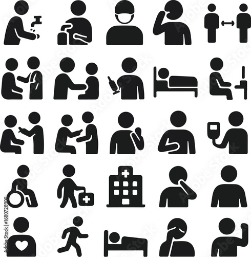 Essential health and safety icon set for awareness campaigns and informational resources during health crises