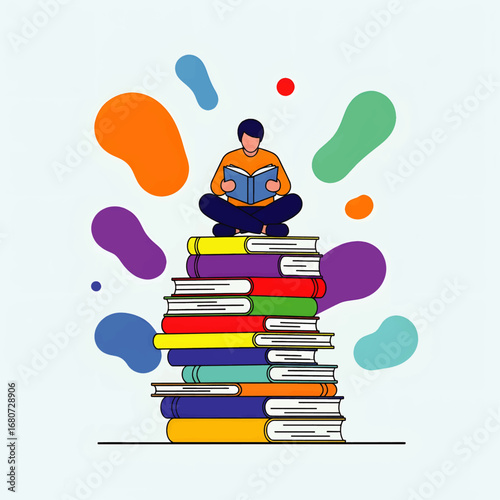 Conceptual illustration of a person sitting on a massive stack of colorful books, symbolizing knowledge, learning, and the power of literature