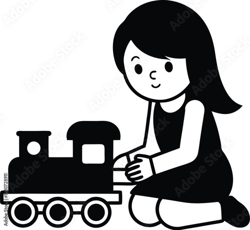 Smiling cartoon girl enjoys playing with toy train
