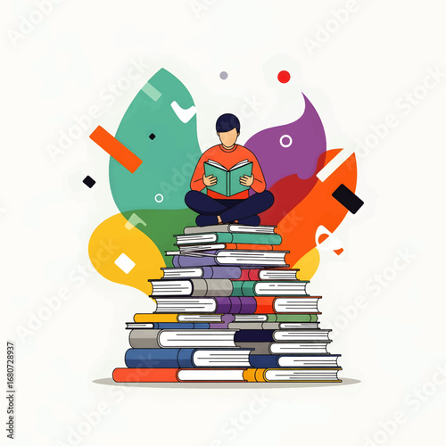 A colorful vector illustration of a reader sitting atop a large stack of books, representing education, self-improvement, and the pursuit of knowledge
