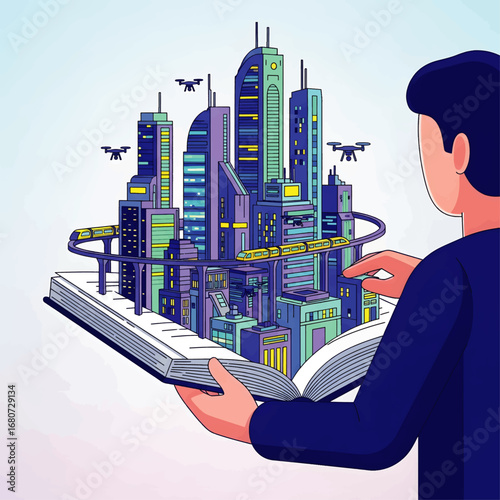 Man holding a pop-up book revealing a futuristic smart city with skyscrapers, drones, and an elevated train, a concept for future urban development and imagination