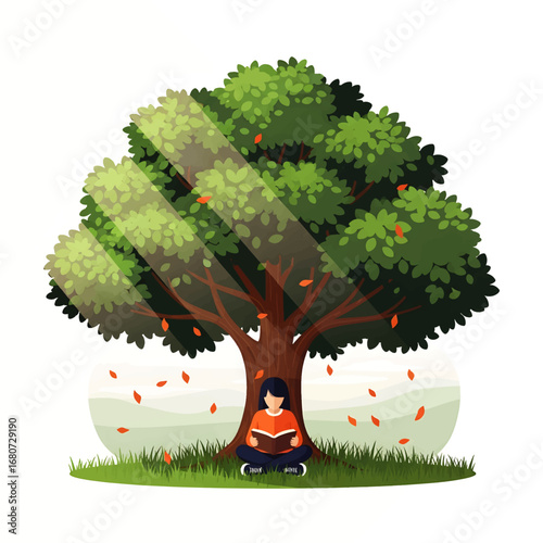 Serene illustration of an individual absorbed in a book, finding tranquility and knowledge under the shade of a sunlit tree