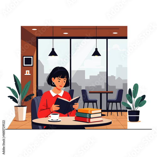 Calm and focused woman reading a book at a table in a bright, modern cafe with a city view. Leisure and learning concept