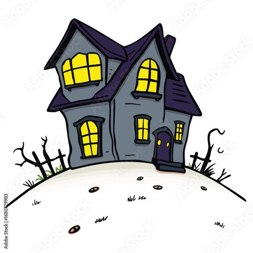 A spooky  haunted house is shown on a hill  with simple yellow lights glowing in its crooked windows. Cartoon style with thick black outlines and flat  solid colors. Isolated on a white background.