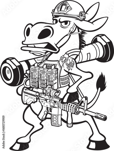 Cartoon style donkey wearing military gear holding javelin and assault rifle