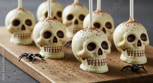 Festive Halloween Treats with White Chocolate Skull Cake Pops on Wood Board