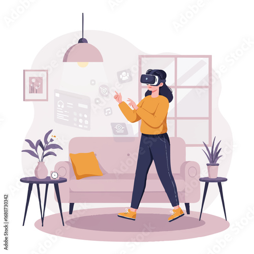 Flat 2D vector illustration of a young woman enjoying virtual reality, wearing a VR headset and interacting with floating digital objects in a cozy living room, featuring minimalist pastel furniture.