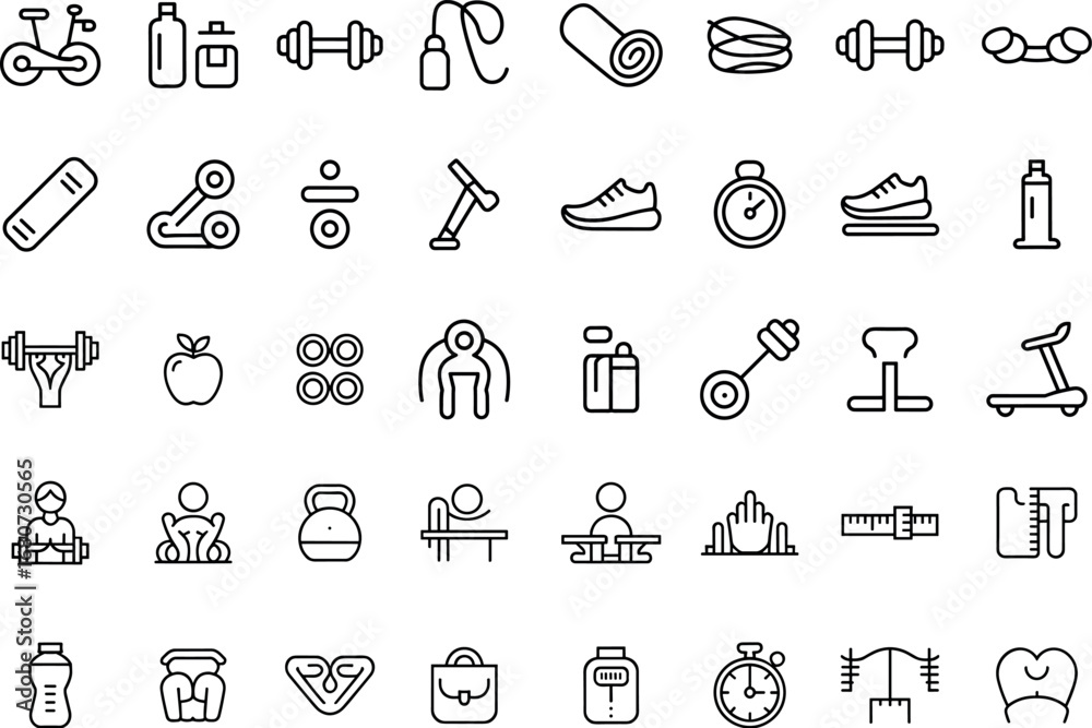 Fototapeta premium Gym and Fitness Icon Pack – vector outline design for exercise, training, and healthy lifestyle.