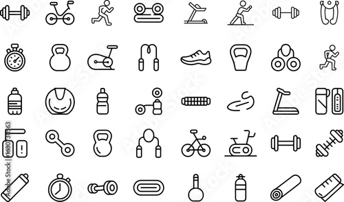 Fitness Line Icon Set – outline vector pack for gym, workout, health, and exercise design.
