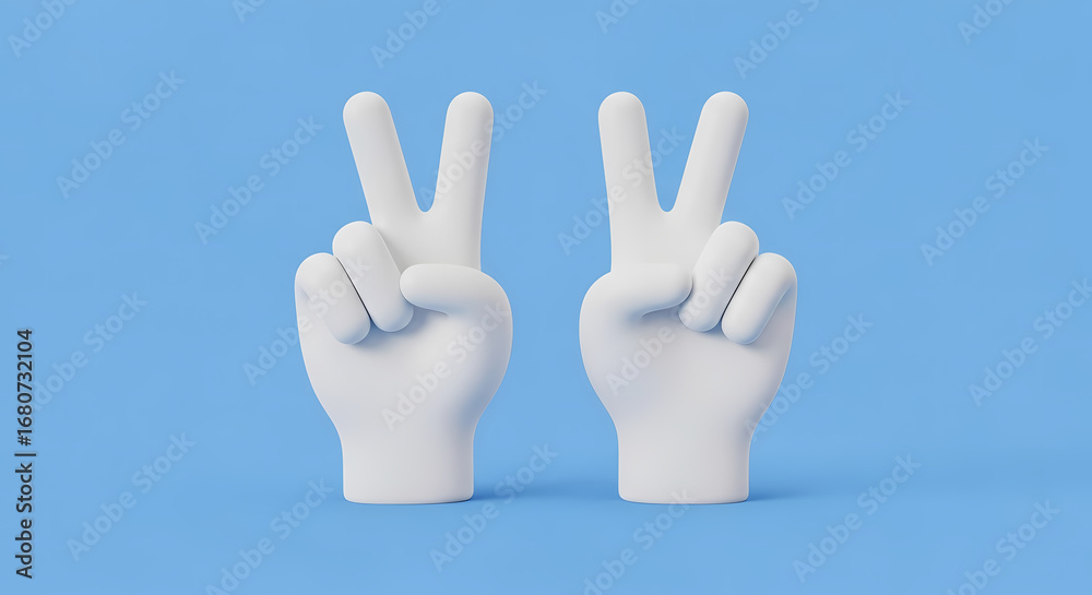 Obraz premium Two White Hands Making Peace Signs on Blue 