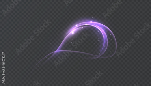 Purple, glowing, curved light wave with glitter and shimmer particles on transparent background. Suitable for fantasy effects, magic flows