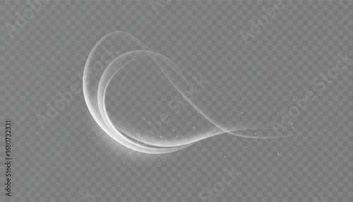 Winter snow swirl with glowing white curved trail on transparent background.