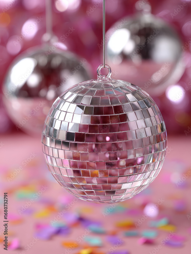 Obraz premium Close-up of a shiny disco ball with pink bokeh background.