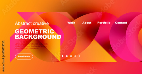 Abstract geometric background with vibrant orange, pink hues. Website header includes navigation options, text, button.