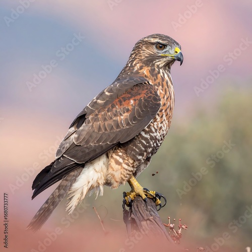 A raptorial bird, perched atop a weathered log, displays its rich plumage against a soft, pastel-hued background.