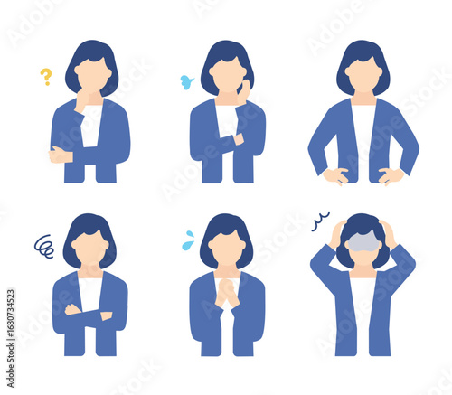 悩む女性ビジネスパーソンのイラストセット