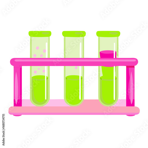 Test tubes with green liquid in pink holder for science experiments  