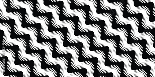 Chevron zigzag black and white seamless pattern with golden shimmer polka dots. Vector geometric monochrome stripe with glitter spots.