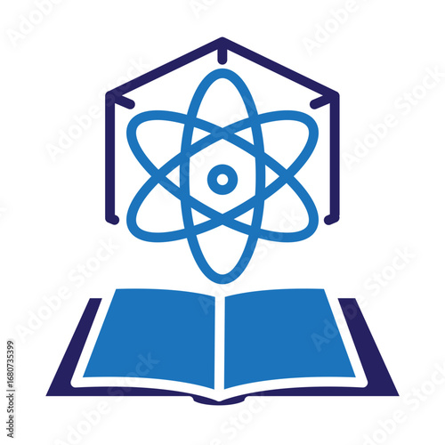 Illustrative science and education concept with atomic structure and open book symbolizing knowledge and learning