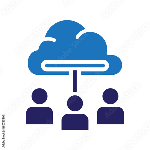 Icon representing a collaborative team connected to a cloud computing network, symbolizing data sharing, remote work, and online community
