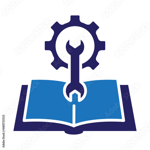 Conceptual icon for a technical guide or instruction manual, featuring an open book with a wrench and gear for setup and support