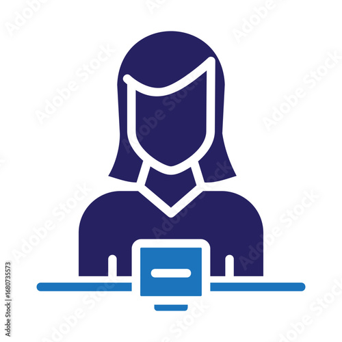 Vector icon of a female receptionist or cashier at a front desk, symbolizing customer service and professional support