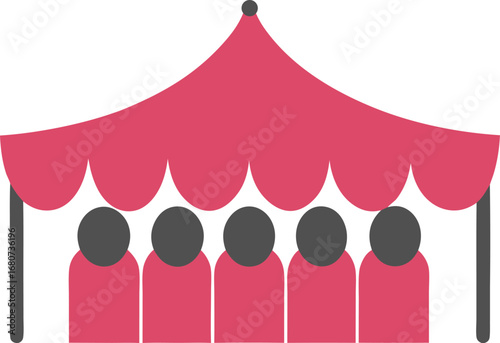 People gathered under a pink event tent icon